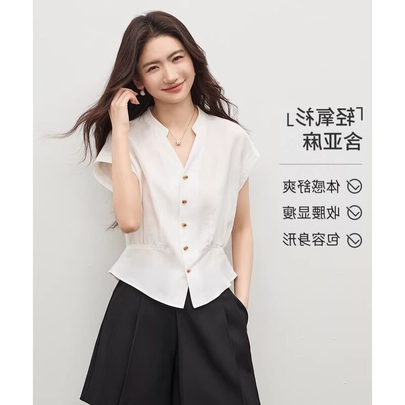 Linen Shirt for Women, New Summer Style, Elastic Waist Design, Slim Fit, Flying Sleeves, White, Off-Shoulder, High Elasticity Linen Shirt for Women, New Summer Style, Elastic Waist Design, Slim Fit, Flying Sleeves, White, Off-Shoulder, High Elasticity