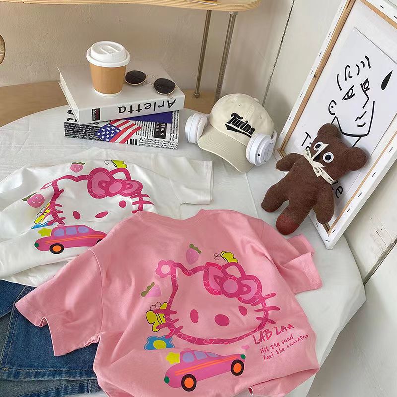100% Cotton Girls Short-Sleeved T-Shirt Kidsren's Style Printed Cartoon Round Neck Half-Sleeved Top for Baby Girls and Middle-Aged Kidsren