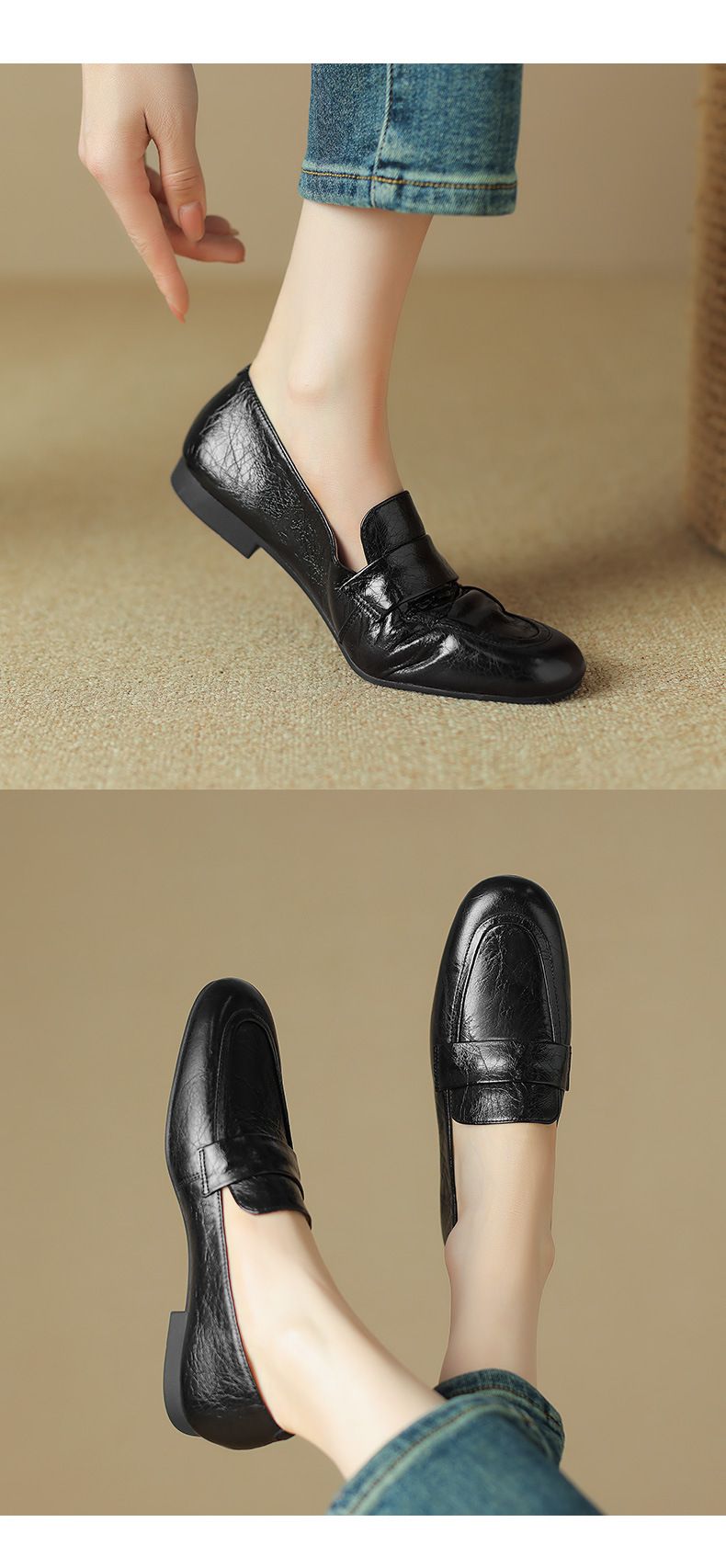 Giày lười nữ mũi tròn đế thấp da mềm phong cách casual — Màu đen chi tiết 16
