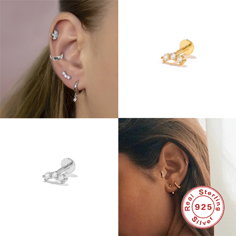 INS simple tres diamantes s925 pendientes de plata esterlina 16G hilo de cabeza plana piercing pendientes de cartílago