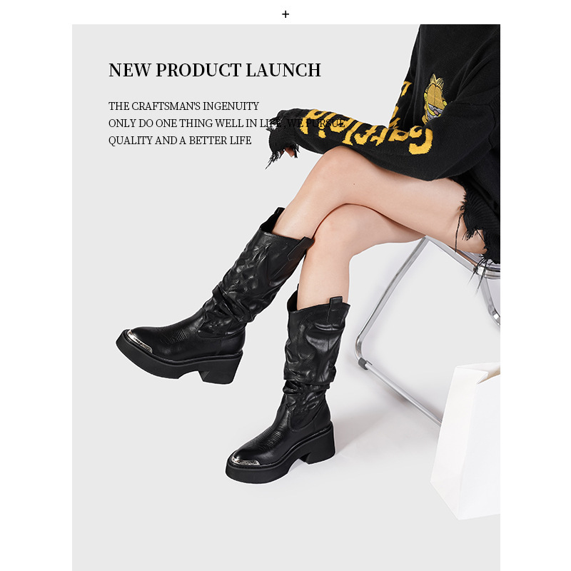 2025 New Thick-soled Heap Boots Women's Embroidered Metal Heightened Long Boots for Small Thick-soled Knee Knights Boots