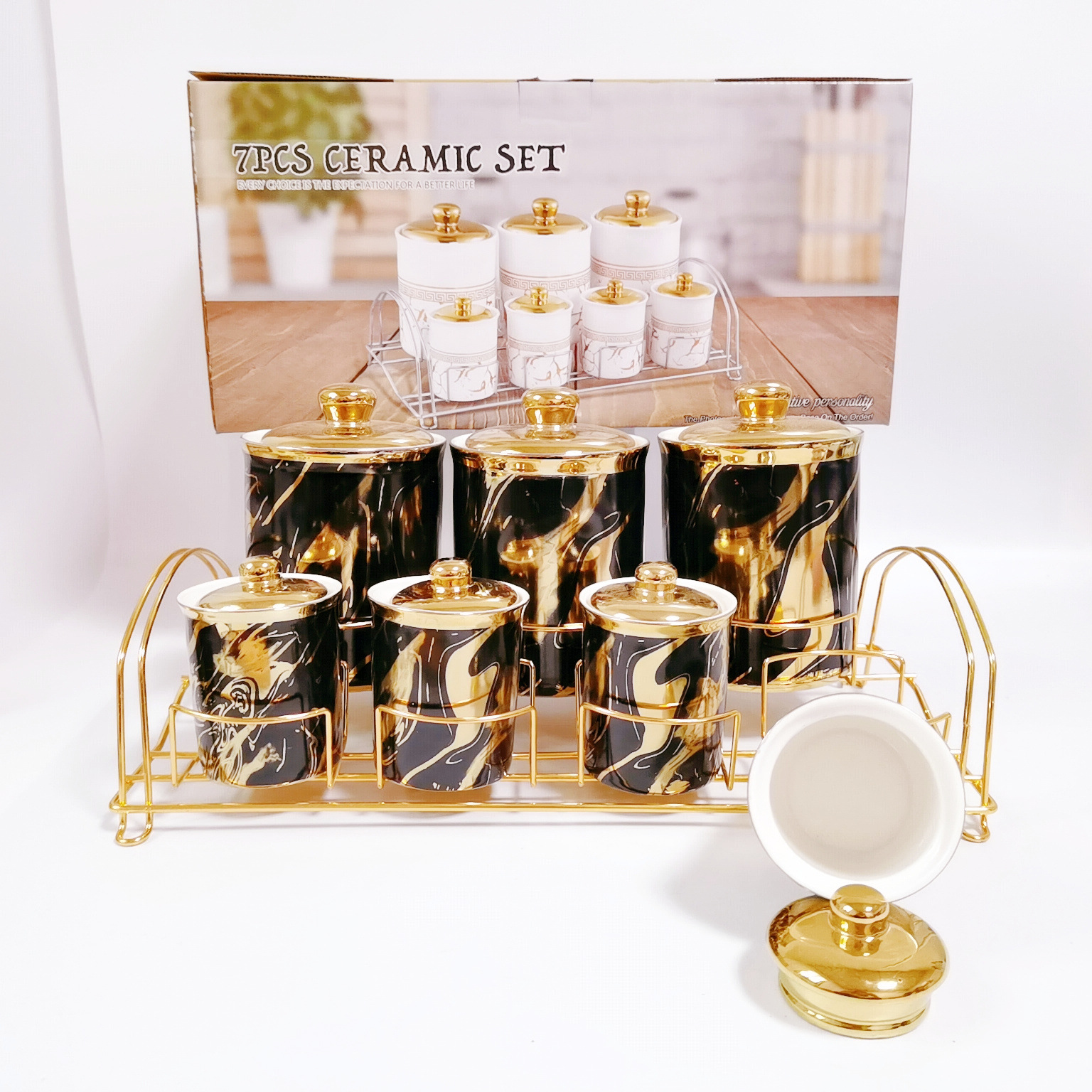 Cocina cerámica condimento tarro sellado con marco de hierro galvanoplastia calcomanías condimento tarro de café tarro de almacenamiento tarro traje