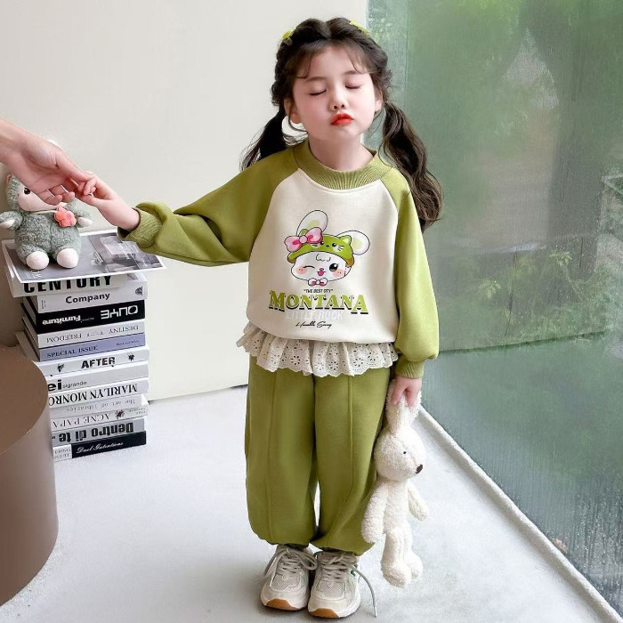 女童网红休闲套装春秋装2025新儿童洋气女宝宝卫衣蕾丝卫裤两件套|undefined