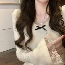 法式小香风蕾丝花边领针织衫女秋冬纯欲风显瘦修身内搭打底上衣
