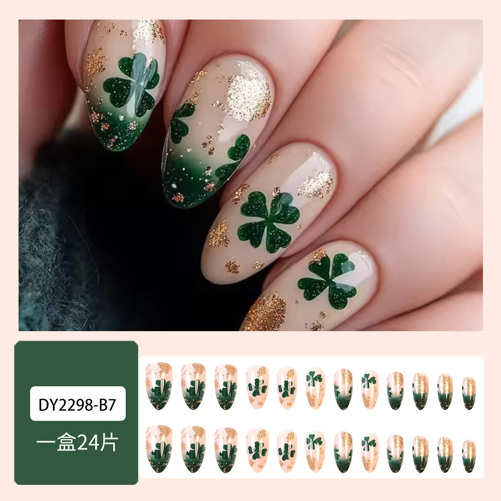 Día de San Patricio para usar uñas polvo de oro brillante de uñas, 24 piezas de uñas falsas al por mayor