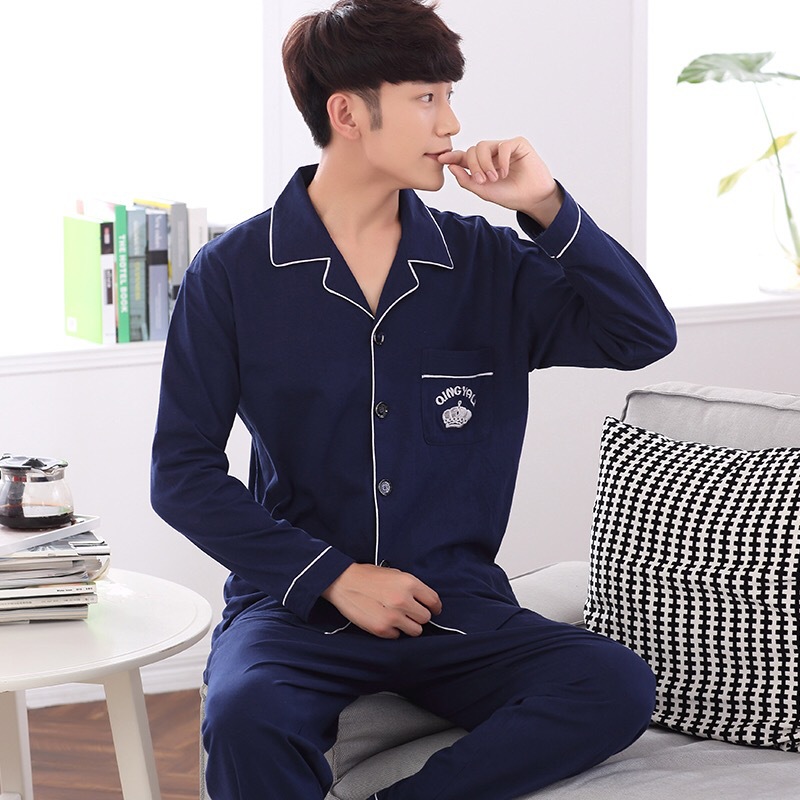 Pijamas de hombre primavera y otoño 100% algodón pantalones de manga larga chaqueta juvenil de los hombres más el tamaño traje homewear