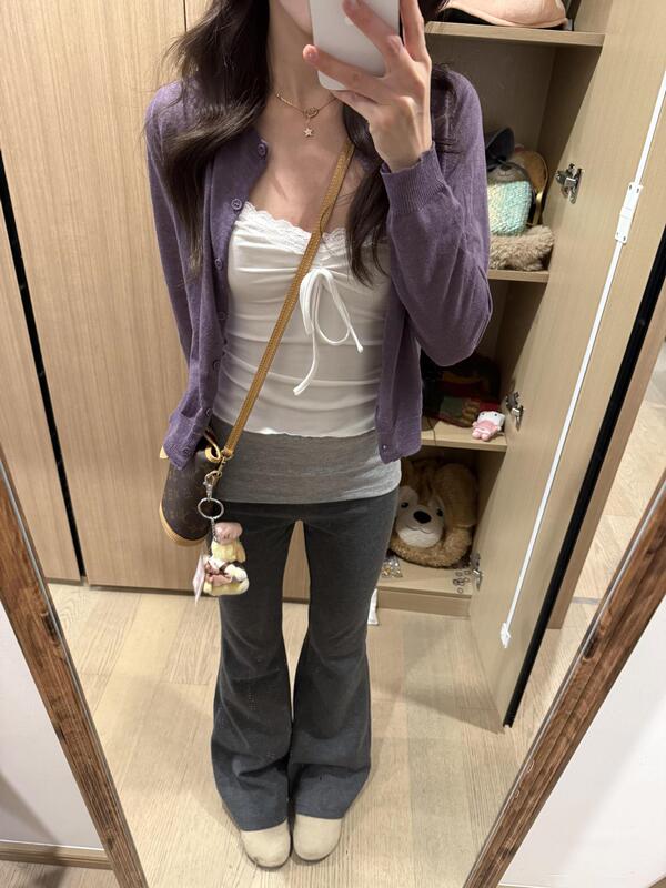 紫色针织开衫女2025新款纯欲风修身薄款防晒早秋季短款外套小上衣|undefined