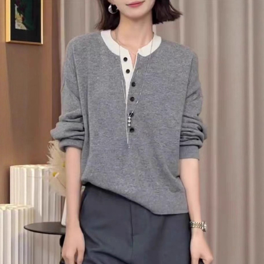 2025秋季新款灰色拼接假两件圆领长袖针织衫女设计感洋气毛织上衣