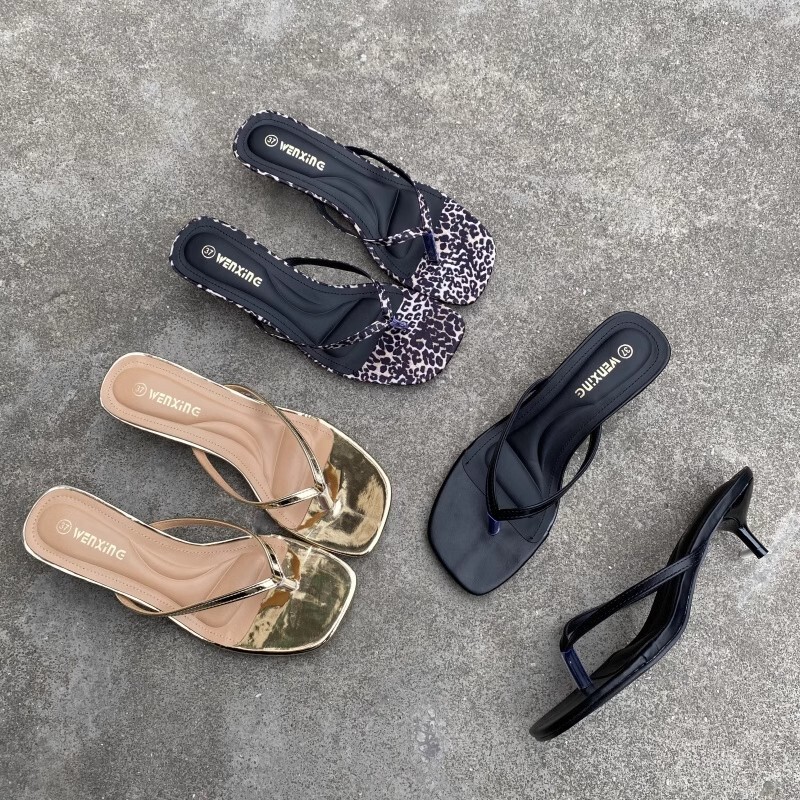 Cross-Border Large Size Golden High-Heeled Sandals for Women Summer New European and American Sexy Square Toe Thin Strap Stiletto Heel Thong Sandals