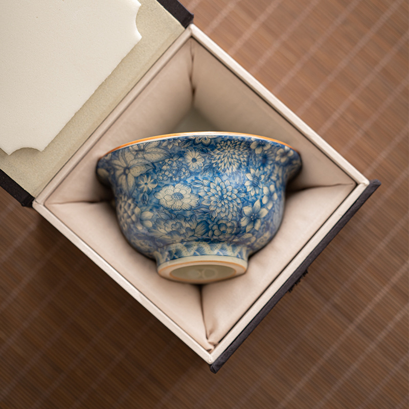 Ru Kiln flower tea cup Master Cup single cup blue and white tea cup high-end personal dedicated Kung Fu Tea Cup ceramic tea cup Ru Kiln flower tea cup Master Cup single cup blue and white tea cup high-end personal dedicated Kung Fu Tea Cup ceramic tea cup