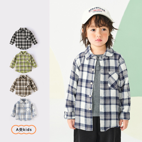 Children's interlock gauze grid top spring casual cotton fabric versatile long sleeve unisex children's stand-up collar base shirt