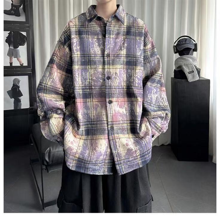 Tie-Dye Spray Paint Long-Sleeved Plaid Woolen Shirt Men's Spring and Autumn New American Style Plaid All-Match Jacket