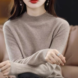 100 Pure Wool Sweater Women's Autumn and Winter Half-turtleneck Loose Short Sweater Cashmere Inner Base Shirt