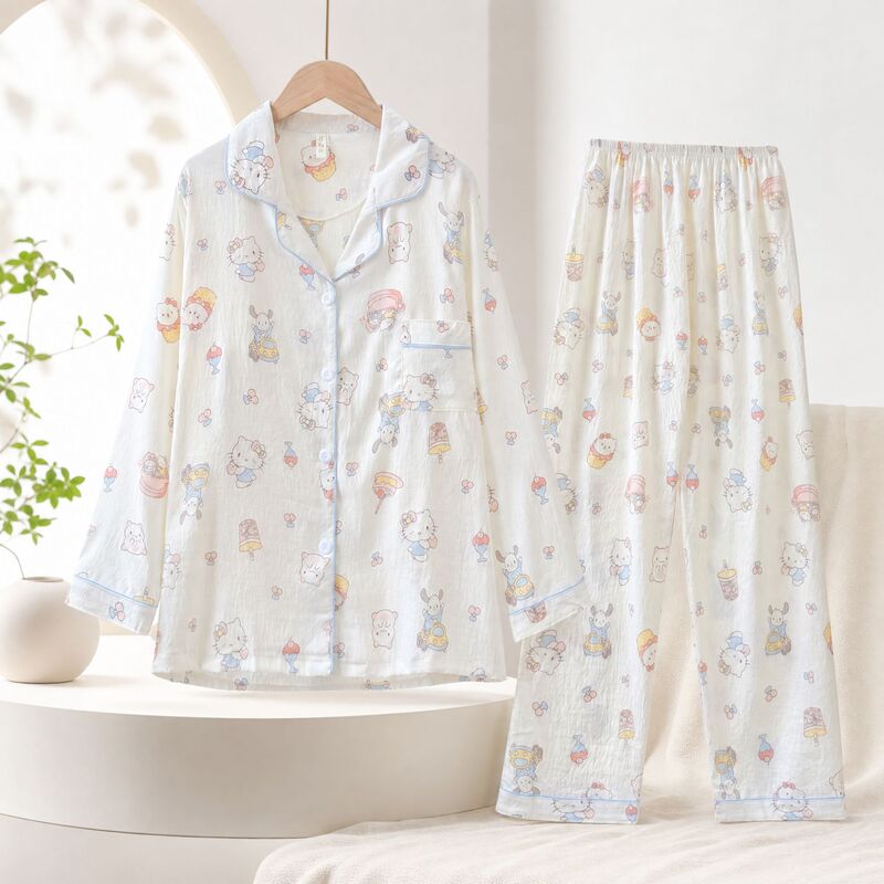 Plus-size women's cloud cotton loungewear, featuring a cartoon KT cat design, with a collared neckline, long sleeves, and a loose fit, suitable for spring and autumn; available for drop shipping Plus-size women's cloud cotton loungewear, featuring a cartoon KT cat design, with a collared neckline, long sleeves, and a loose fit, suitable for spring and autumn; available for drop shipping