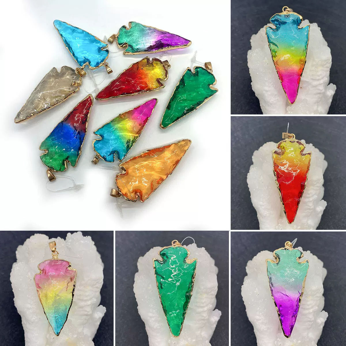 亚马逊爆款天然石渐变色水晶坠子船锚形挂件DIY项链吊坠饰品配件