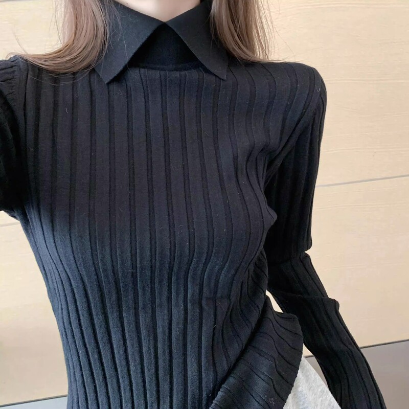 Polo Lapel Long-Sleeved Sweater Spring, Autumn and Winter Threaded Pit Strip Slim Fit Pullover Thin Inner Knitted Bottoming Shirt