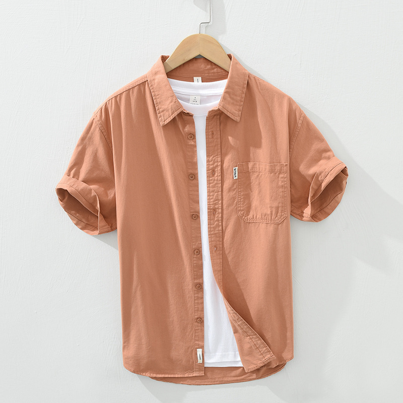 Artistic Style Pure Cotton Short-Sleeve Shirt for Men, Summer Japanese Retro Multi-Color Versatile Casual Shirt, Solid Color Stylish Half-Sleeve