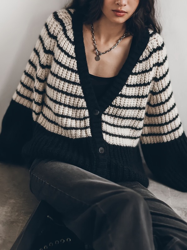 欧美女装秋冬新款黑白条纹针织毛衣慵懒风宽松开衫针织毛衣外套|undefined