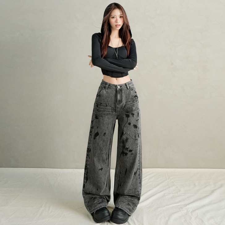 复古扎染牛仔裤子女秋季新款美式港风高腰宽松显瘦直筒垂感拖地裤|undefined