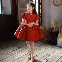 女童红色礼服主持人花童公主裙女孩钢琴演出服儿童生日晚礼服秋季