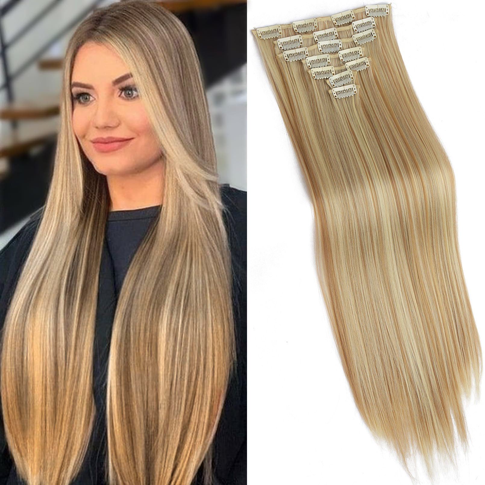 16 tarjetas de siete piezas de cabello de fijación peluca de fibra química europea y americana para mujeres peluca de fijación de cabello conjunto de cabello largo extensión de cabello recto