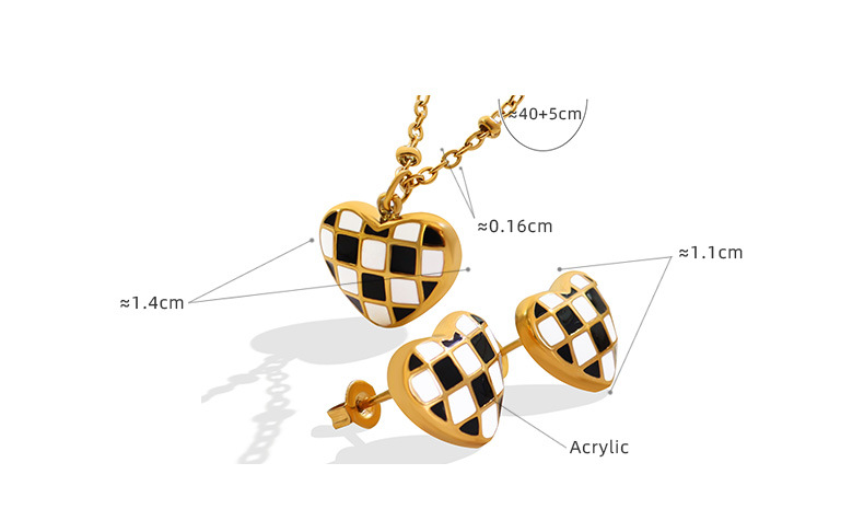 fashion retro heart-shaped checkerboard pattern titanium steel necklace earrings