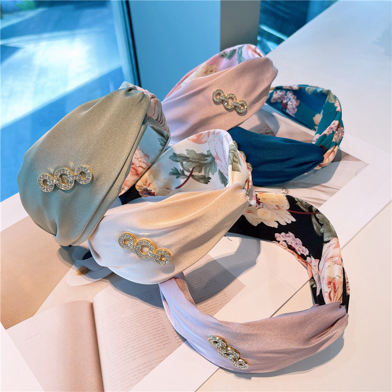 日韓鑲鑽發箍網紅鏈條治癒系碎花拼色頭箍外出洋氣寬版髮帶顯臉瘦