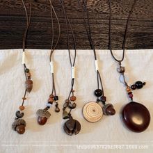 蜡绳木珠吊坠抽拉式项链复古民族风简约毛衣链新中式小众复古饰品