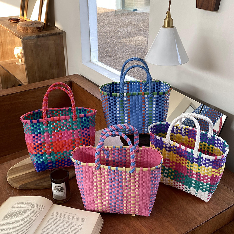 Amazon Cross-Border Supply New Vegetable Basket Hand-Woven Bag Color-Blocked Woven Bag Beach Bag