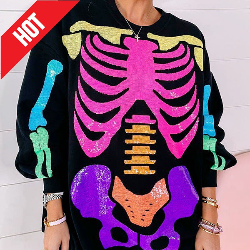 Череп человеческого тела с цифровым принтом с круглым вырезом свитер хэллоуин 2024 пуловер независимая станция поставки женской одежды