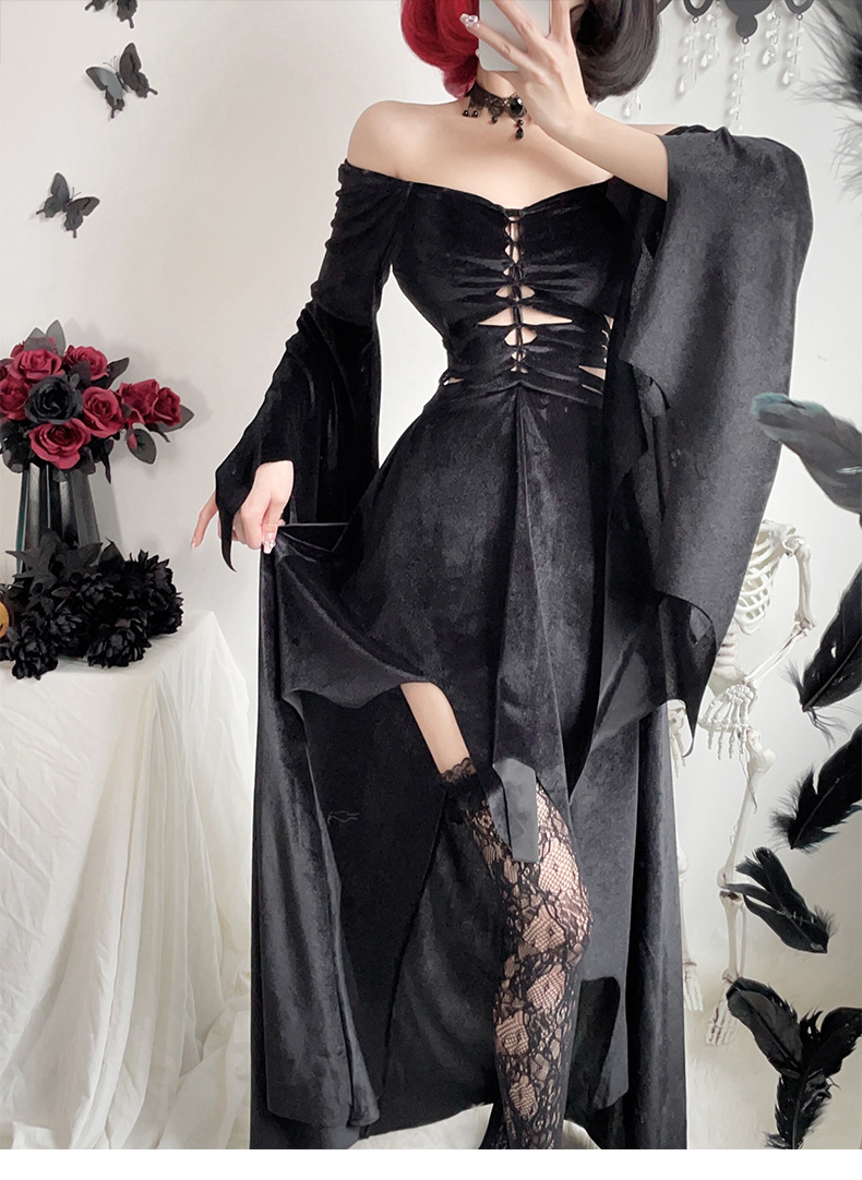 2025欧美暗黑哥特式万圣节服装女巫婆长裙吸血鬼死神黑色连衣裙-阿里巴巴