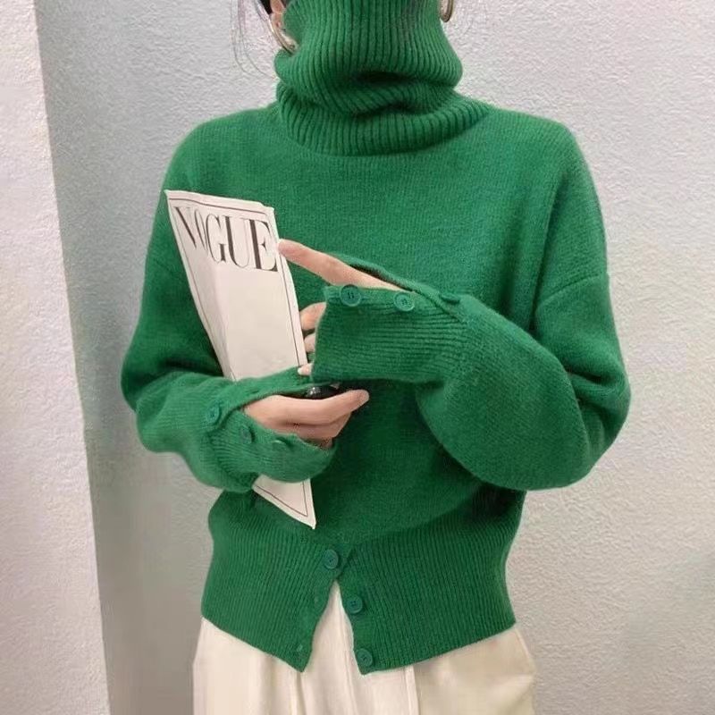 【 Famiglia Cashmere 】 Maglione corto alto in lana, strato interno lavorato a maglia con collo in pelo spesso e largo da donna_voghion.com