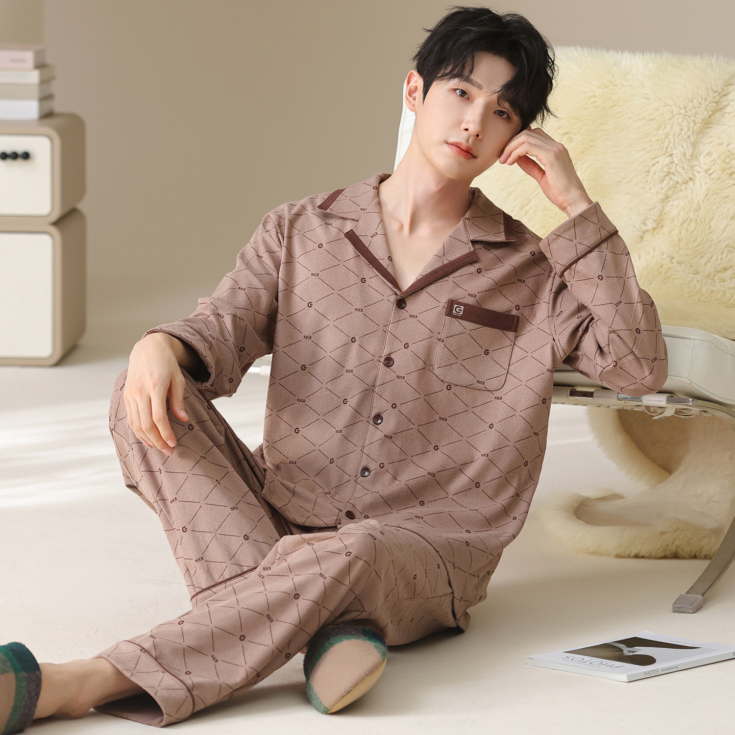 Ab Thickened 280g Wool Silk Thermal Men's Pajamas Autumn and Winter Long-Sleeve Long Pants Turn-Down Collar Warm Simple