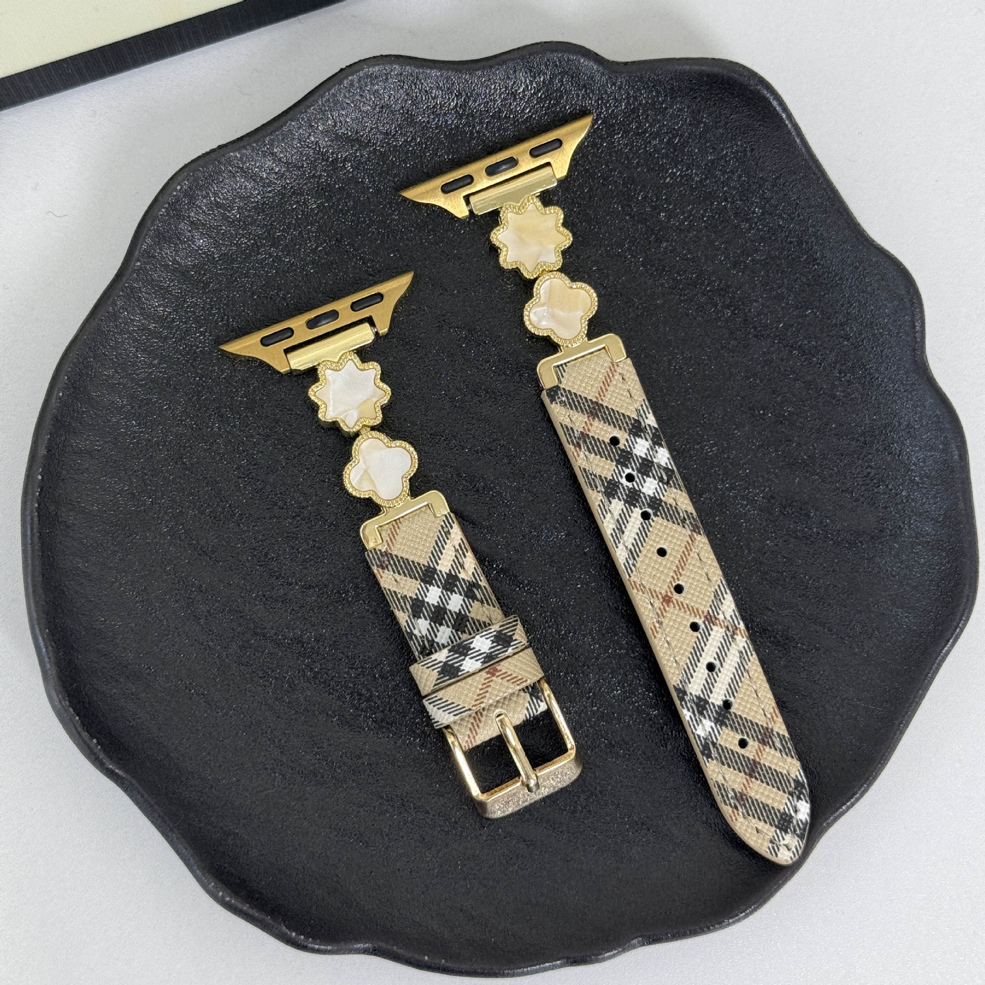 Suitable for Apple S10S98765431Se Women's Watch Strap L Pattern Colorful Mother-Of-Pearl Leather Wristband Watch Strap