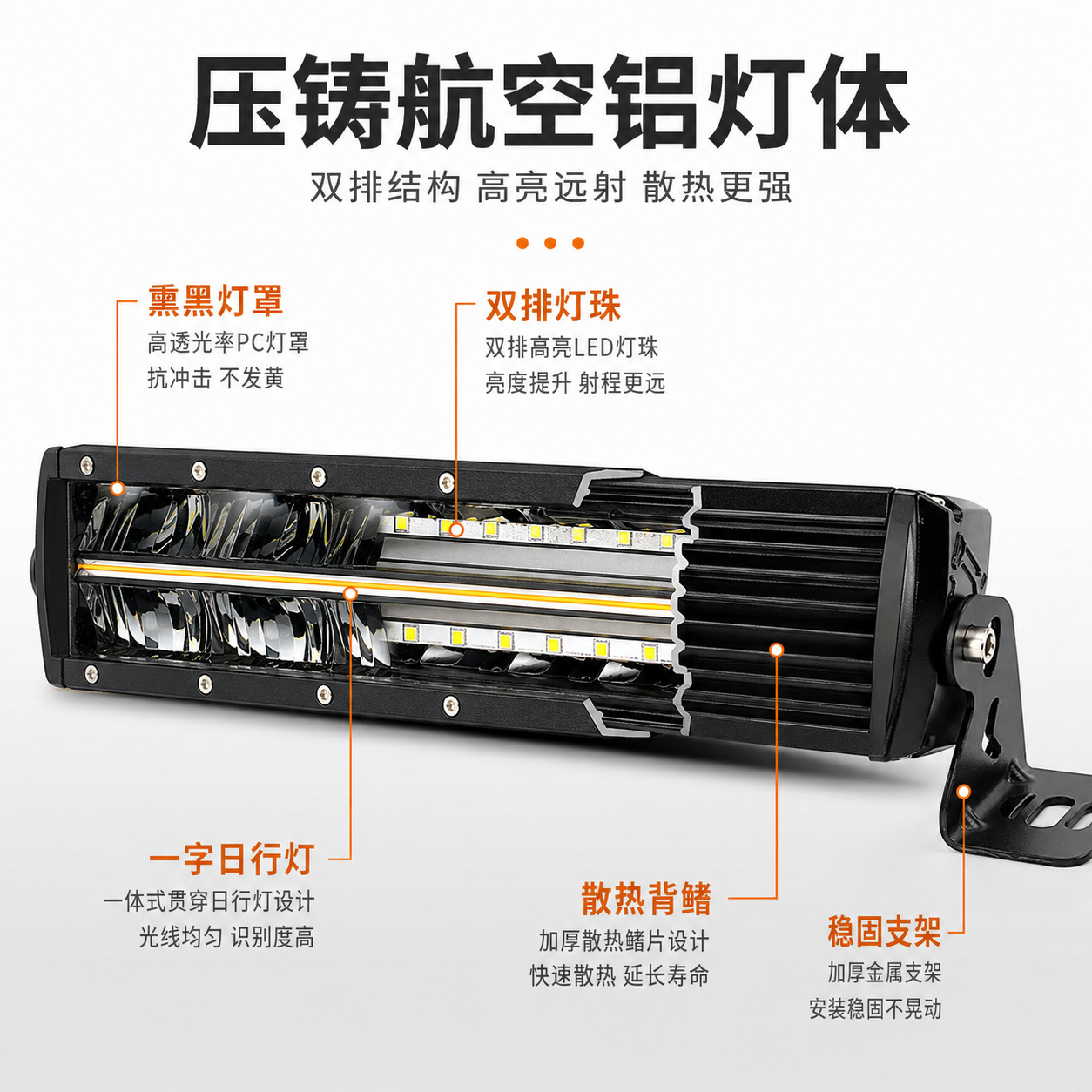 LED car dual-row blackened light bar, off-road vehicle roof grille spotlight modification, 9-36V linear daytime running light