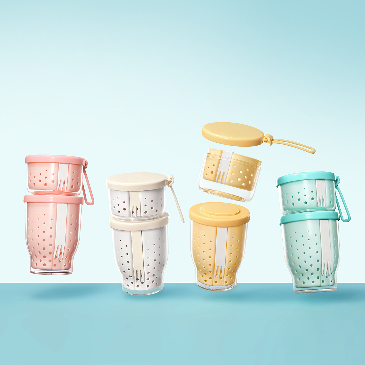 新带叉便携式双层水果杯大容量可沥水密封防漏野餐保鲜沙拉水果杯