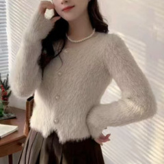 软糯白色水貂绒针织打底女2025秋冬季小个子加厚短款针织打底开衫