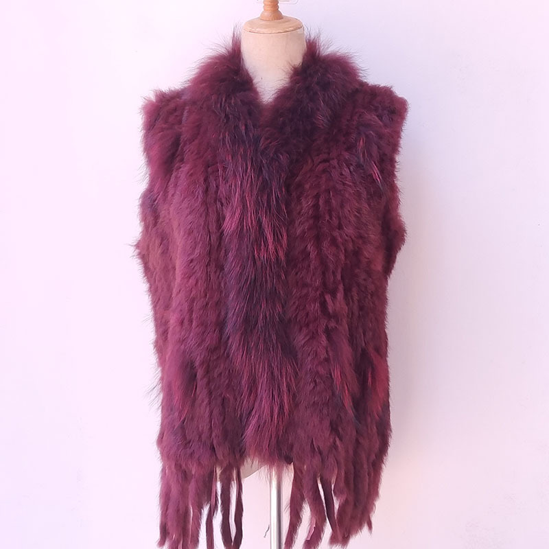 Haining genuine rabbit fur knitted fur vest with raccoon fur trim, sleeveless genuine fur export hand-knitted beggar's coat.