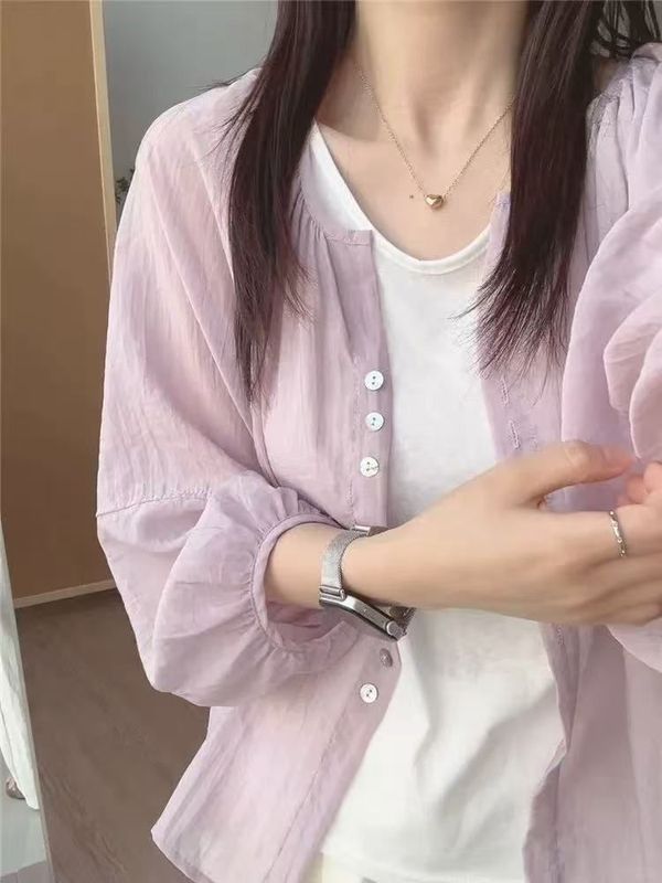 フレンチジェントルパープルテンセルリネン日焼け止めシャツレディース夏薄手アウターカバーアップルーズランタンスリーブシャツジャケット|undefined