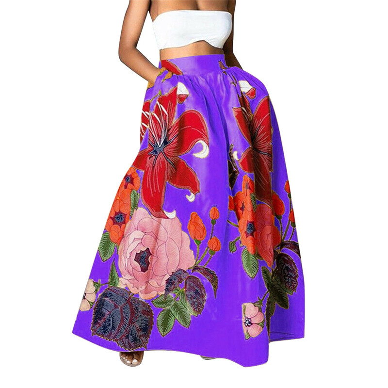 European And American Cross-border Foreign Trade Women's Skirt, Bohemian Floral Loose High-waisted Holiday Flared Pocket_ecoleips.com