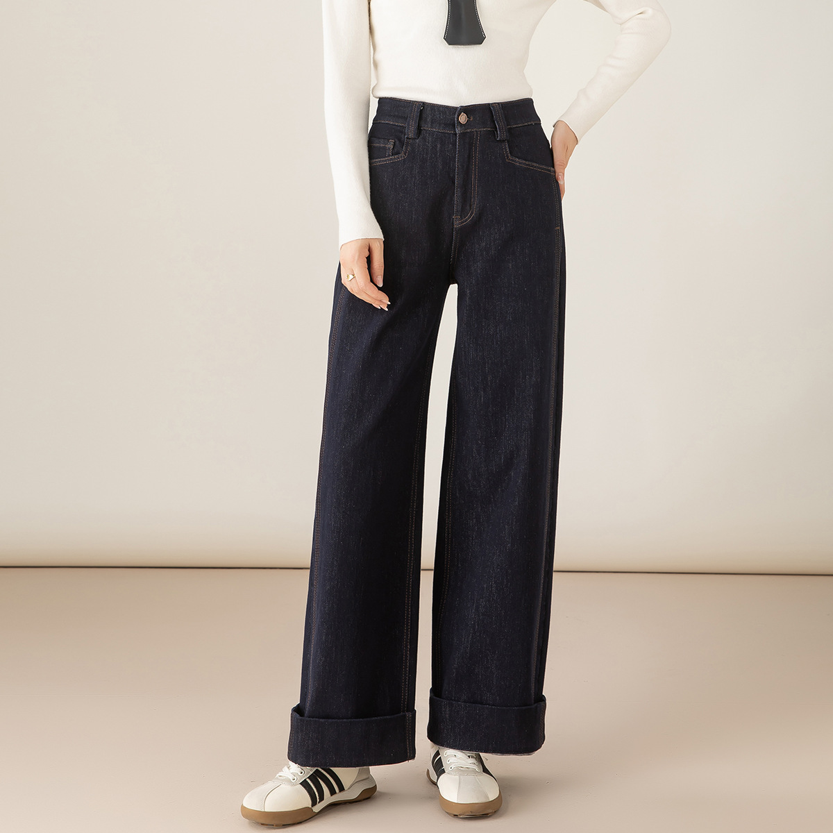 直筒牛仔裤女25秋冬新款拉毛薄绒宽松阔腿裤子