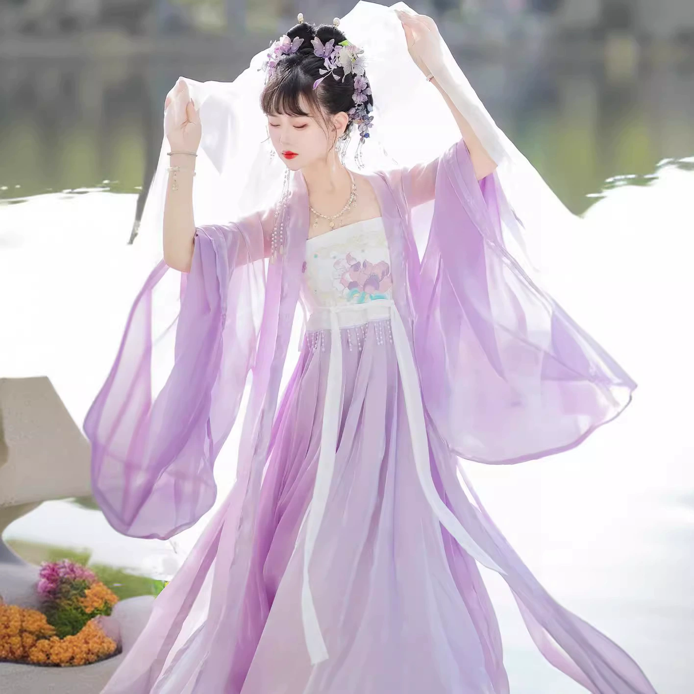 Оригинальная аутентичная женская цельная юбка Майробалан длиной до груди Тан с большими рукавами и древним костюмом фиолетовой феи элегантный весенне-летний стиль