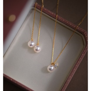S925 Silver Plated 18K Gold Pearl Bead Necklace Simple French Clavicle Chain Single Pendant Small Grain Light Luxury Exquisite