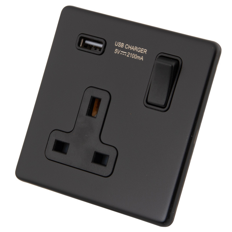 英国爱尔兰插座 1 GANG 13A SOCKET + USB 2.1A BLACK SCREWLESS