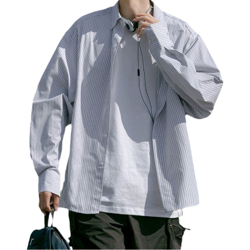 Camisa de manga larga a rayas japonesa para hombre primavera y otoño Camisa de manga corta estilo Hong Kong suelta chaqueta casual de alta calidad de moda