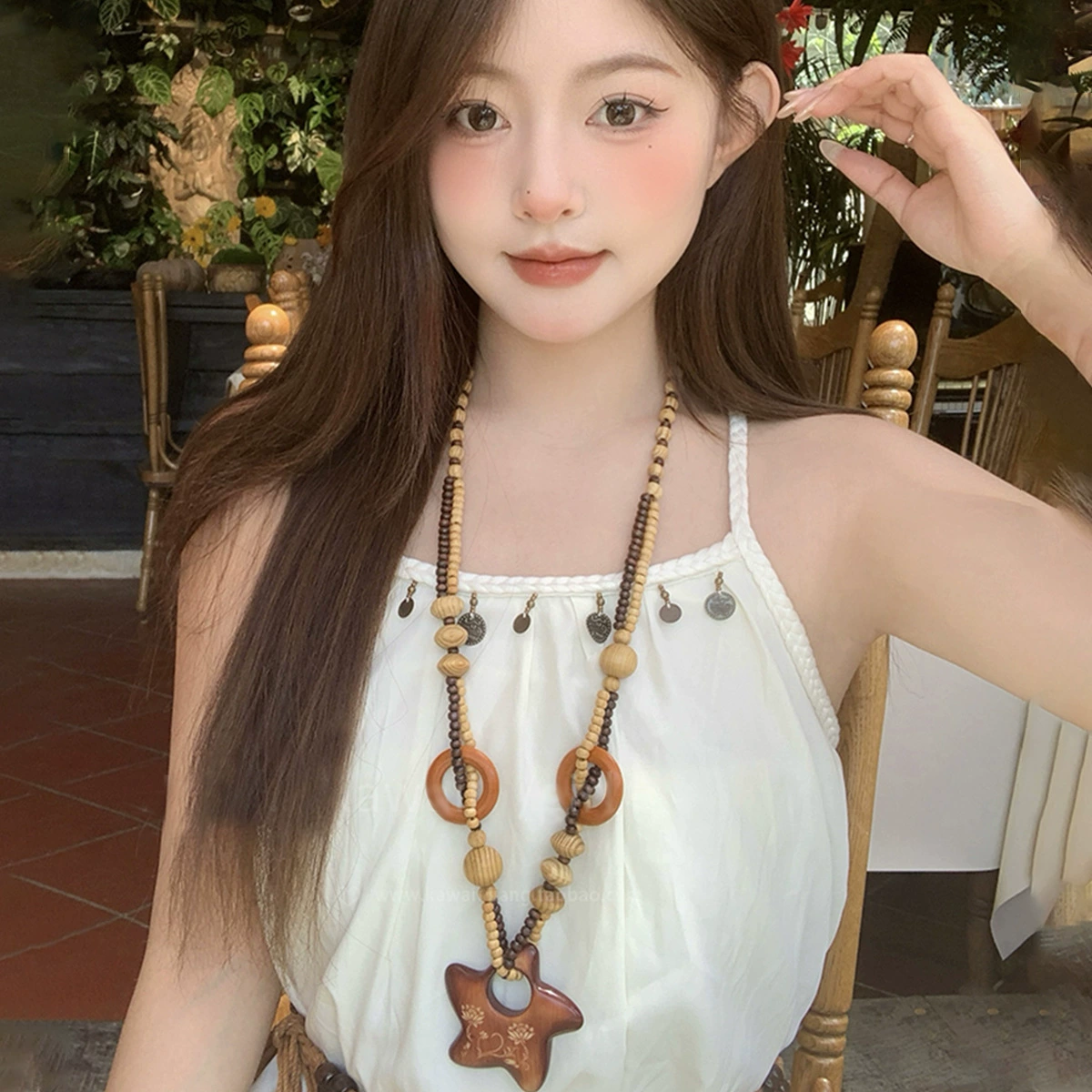 Богемное трансграничное европейское и американское ожерелье в виде морской звезды в этническом стиле, ретро длинная цепочка для свитера с деревянными бусинами, мужская и женская одежда, аксессуары