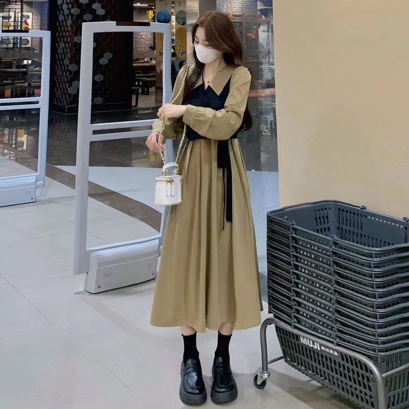 大码胖MM秋季法式赫本风设计感假两件连衣裙收腰茶系文艺优雅长裙