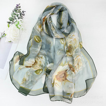 新款夏季薄款香水玫瑰丝印花仿真丝围巾女春秋多功能装饰披肩纱巾