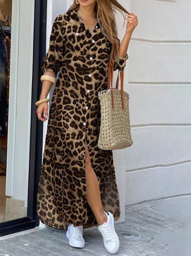 Women's New Fashion, European and American Spring Summer Casual Leopard Print Stylish Cut-out Long Women's Shirt Dress