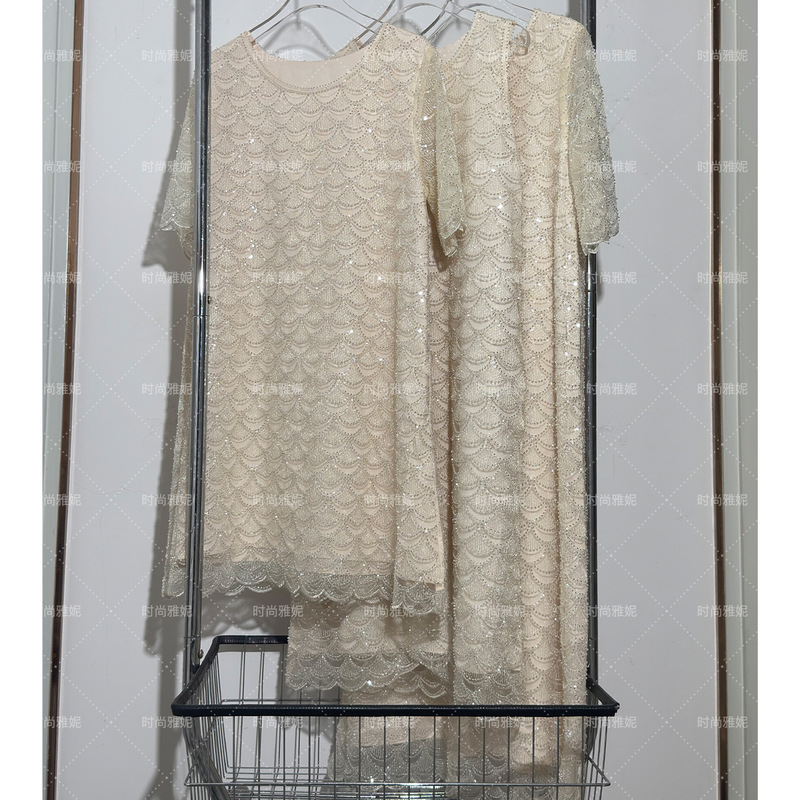 Fashion Yanni New Fish Scale Sequin Beaded Versatile Mid-Length Loose Chanel-Style Dress with Three-Quarter Sleeves for Women